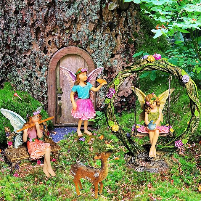 Mood Lab Fairy Garden Figurines with Swing - Miniature Decor Set (6 pcs) - Statues & Accessories - Outdoor & Indoor Garden Decor