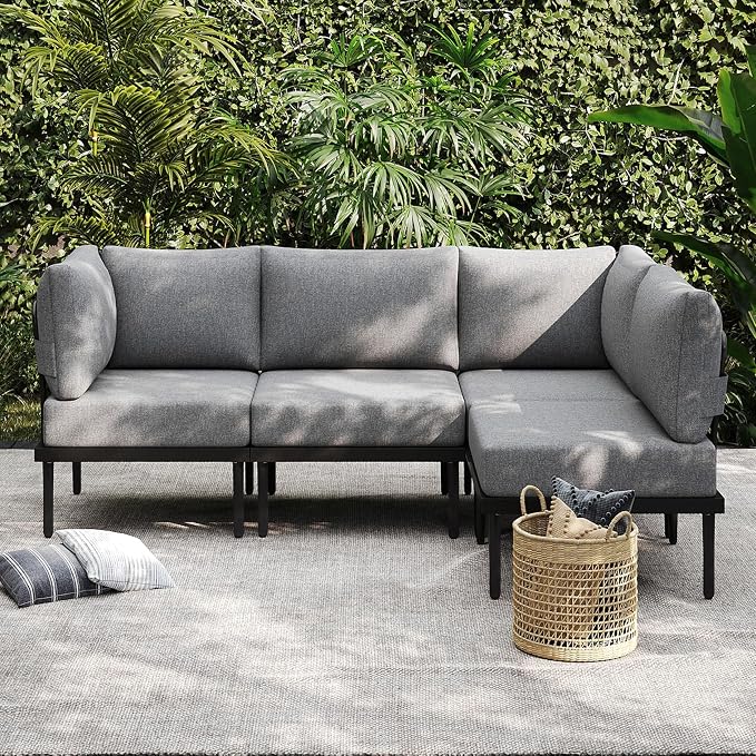 Sundale Outdoor 4 Pieces Patio Furniture Set, Metal Sectional Sofa Patio Conversation Set with 6 Inch Cushions, Modern Patio Corner Couch for Balcony, Porch, Sunroom (Grey/Dark Grey)