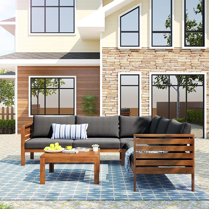 L-Shaped Wood Structure Patio Outdoor Sofa Set with Coffee Table and Cushion, Water Resistant Acacia Wood Sofa for Patio, Lawn, Yard, Pool or Backyard, Gray Cushion