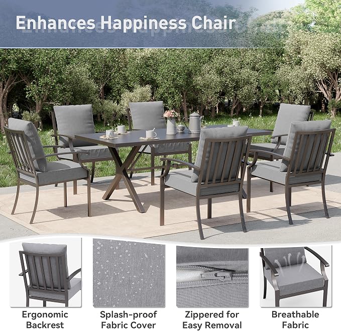 Kurapika 7 Piece Patio Dining Set Outdoor Furniture, Metal Patio Furniture Set 6 Fixed Chairs and Large Table with Umbrella Cutout for Deck Garden Yard Porch, Grey