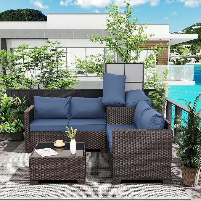 Valita Wicker Patio Furniture Set 4 Pieces Outdoor Sectional Conversation Sofa Set with Storage Box and Glass Table with Cushions and Furniture Covers, Navy Blue