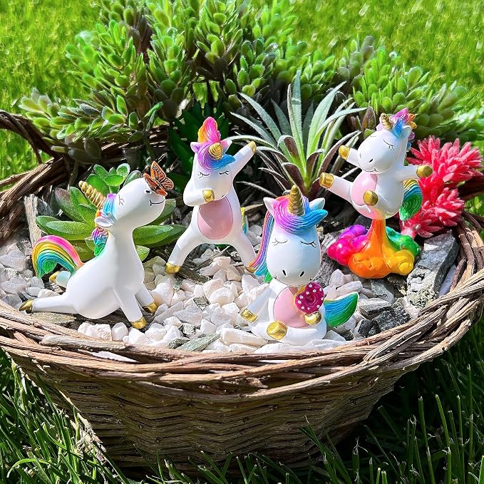 Mood Lab Fairy Garden Figurines - Yoga Unicorn Set (4 pcs) - Miniature Decorative Statues & Accessories - Outdoor & Indoor Garden Decor