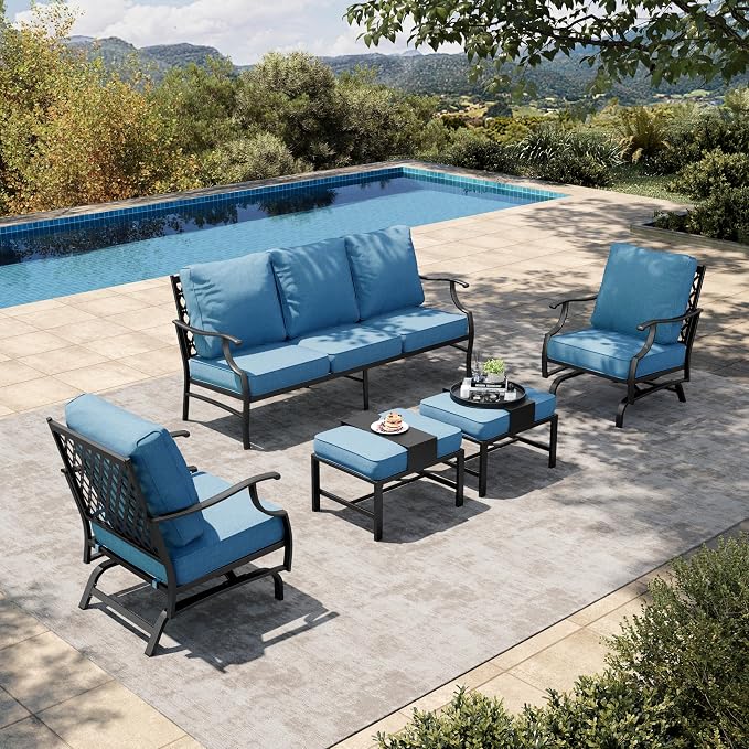 HERA'S HOUSE 5 Pieces Patio Furniture Set, 2 x Rocking Chair, 2 x Ottoman, 1 x 3-Seat Sofa, All Cushioned 7 Seats Metal Outdoor Conversation Set for Lawn Garden Backyard
