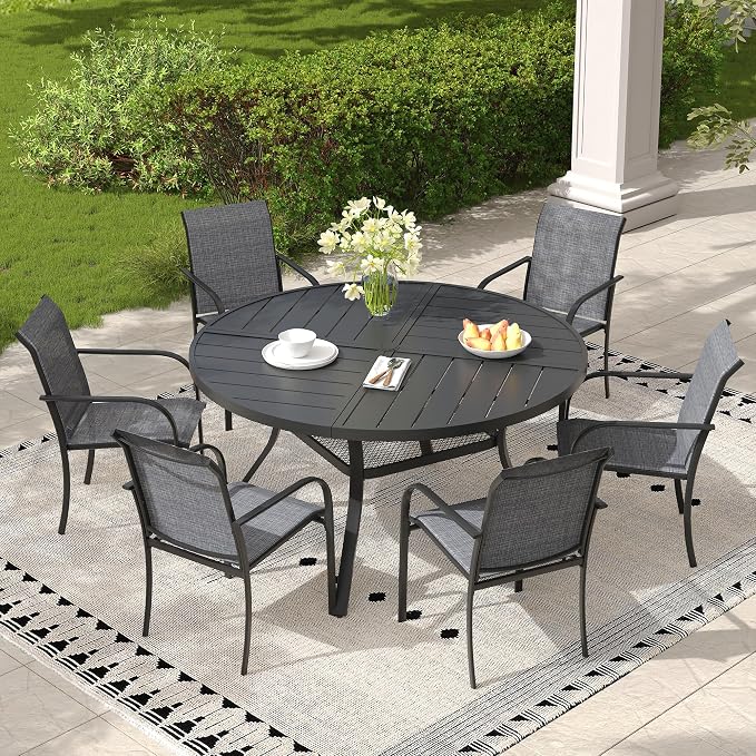 7 Pieces Outdoor Dining Set, Stackable Textilene Patio Chairs & 47.1" Round Dining Table with Umbrella Hole and Shelf, Patio Dining Set for Backyard, Deck, Garden, Grey & Black