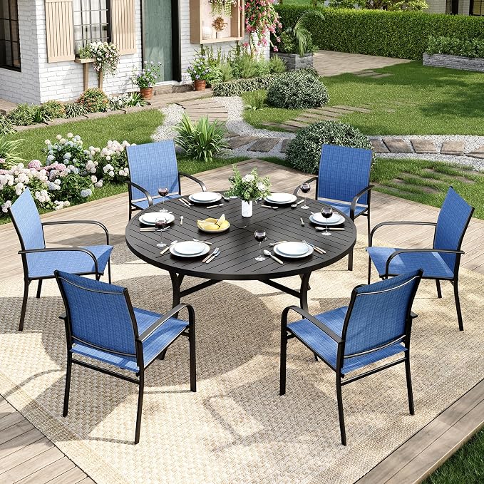 MIXPATIO 7 Pieces Outdoor Table and Chairs, Patio Dining Set for 6 Includes 54" Round Outdoor Table and 6 Blue Patio Chairs, Outdoor Dining Furniture Set for Lawn Backyard Deck,