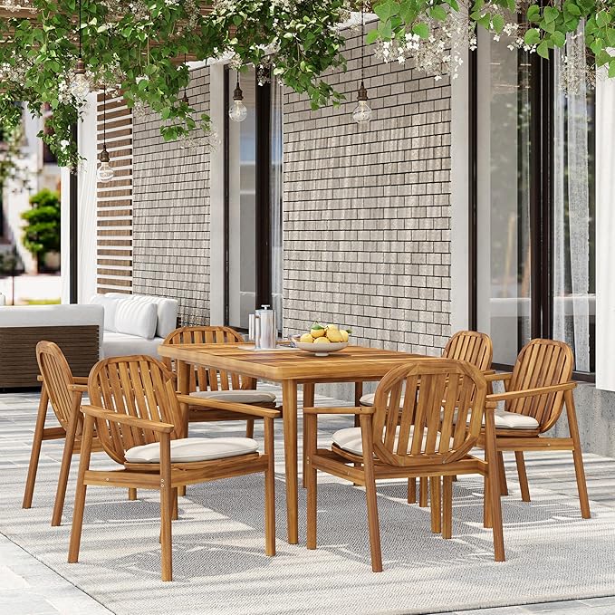 Merax 7 Piece Outdoor Patio Dining Set for 6, Patio Conversation Set with 6 Dining Chair with Armrests & Beige Cushions and Acacia Wood Dining Table, Patio Furniture Set for Desk Garden, Teak