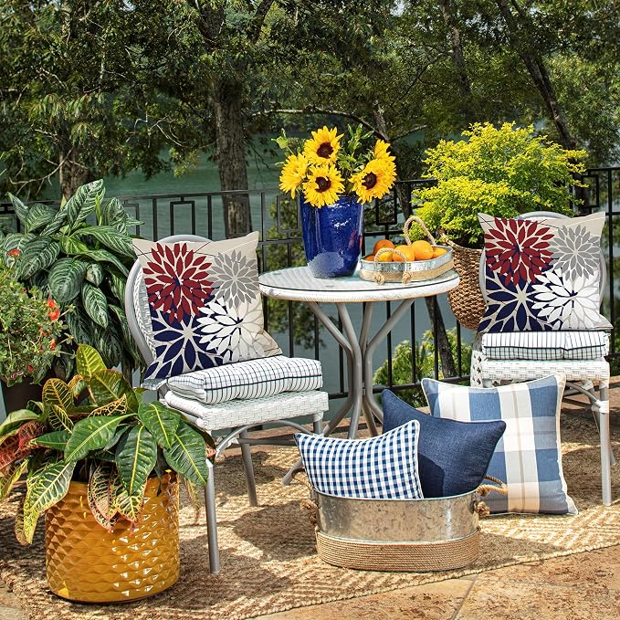 DFXSZ Pack of 2 Outdoor Waterproof Throw Pillow Covers 18x18 Red Blue | Polyester Colorful Summer 4TH Of July Floral Decorative Cushion Cases(NO INSERT),For Couch Patio Funiture Garden Home Decor