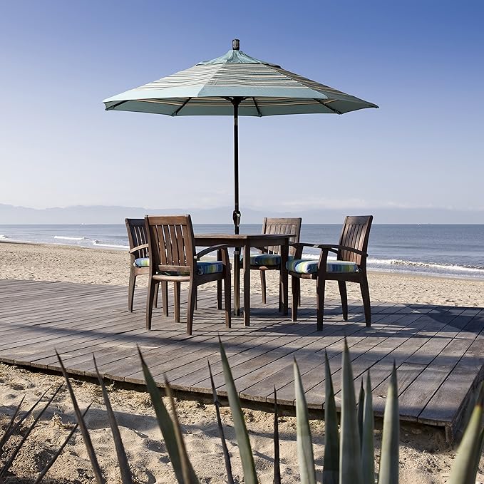 California Umbrella 7.5' Round Aluminum Market Umbrella, Crank Lift, Push Button Tilt, Bronze Pole, Sunbrella Linen Sesame