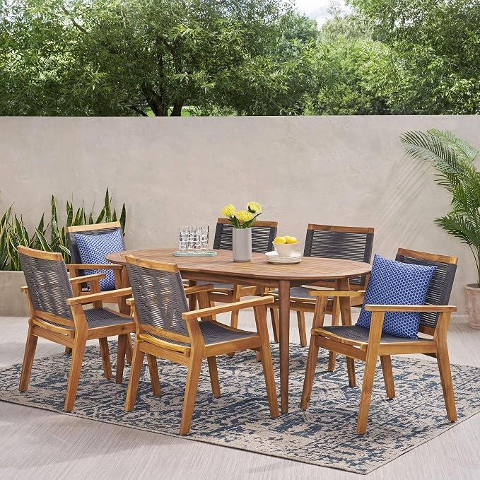 Christopher Knight Home Ashley Outdoor 7 Piece Acacia Wood Dining, Teak and Dark Gray