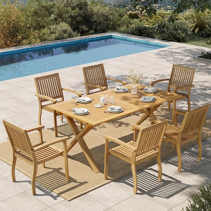 HERA'S HOUSE 7pc Patio Dining Set, Expandable Acacia Wood Table + 6 Chairs | Rectangular wooden table with umbrella hole, Fade-resistant, all-weather furniture for backyard, garden & poolside