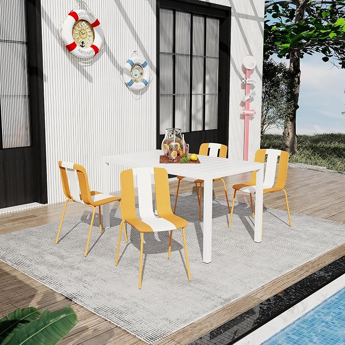 LUMISOL 5 Piece Outdoor Dining Table Set, All Weather Rectangular Table and Chairs Set with Striped Color Block Chairs and Sturdy Metal Legs for Garden, Backyard, Poolside, Beige+Orange+White
