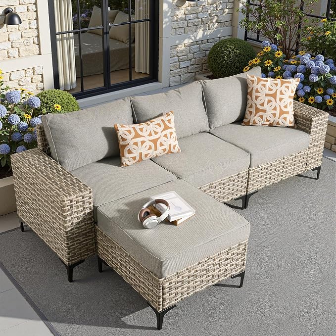4 Pcs Patio Outdoor Furniture Set - All Weather Wicker Outdoor Sectional Sofa Couch with Ottoman,Patio Modular Rattan Conversation Set for Garden Deck Yard,Dark Grey