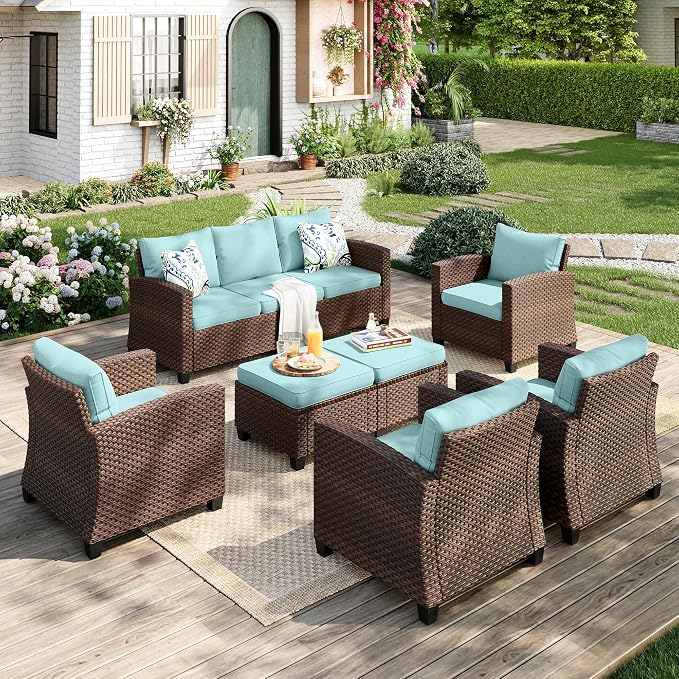 MIXPATIO Patio Furniture Set, 7 Pcs Wicker Rattan Outdoor Conversation Set, 4 x Leg Chairs, 1 x 3 Seater Sofa and 2 x Ottoman with 4" Thick Cushion for Garden Backyard Deck, Blue