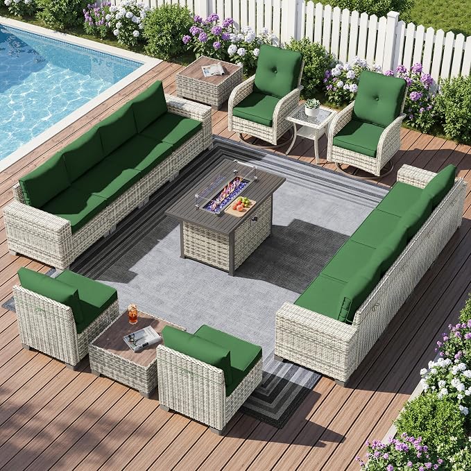 16-Piece Outdoor Patio Furniture Set with Rocking Swivel Chair, PE Wicker Rattan Sectional Sofa Patio Conversation Set with 55,000 BTU Fire Pit Table & Coffee Table, Green