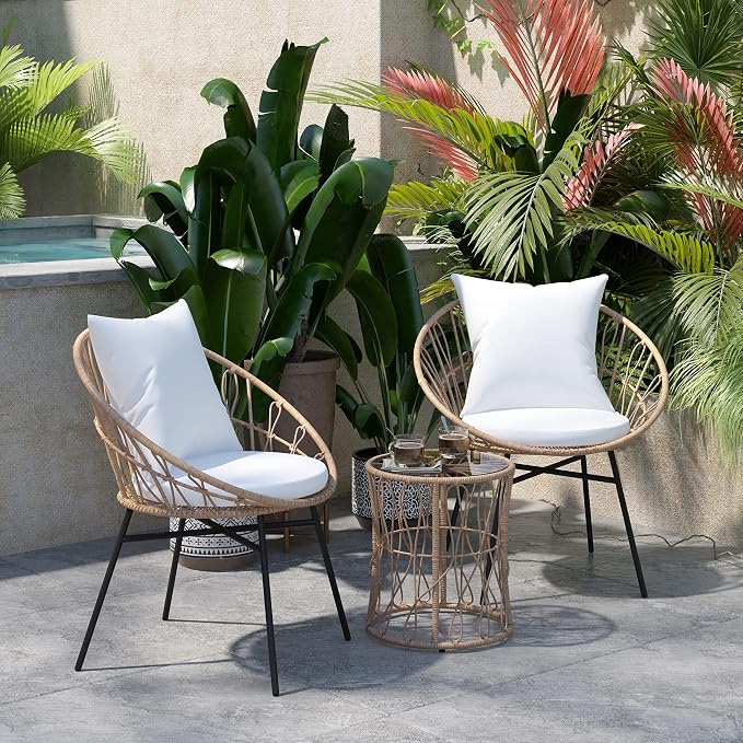 EMMA + OLIVER Ari 3 Piece Boho Patio Set - Tan Finish Faux Rattan Rope Chairs - Light Gray Removable Cushions - Tempered Glass Top Side Table - Indoor/Outdoor