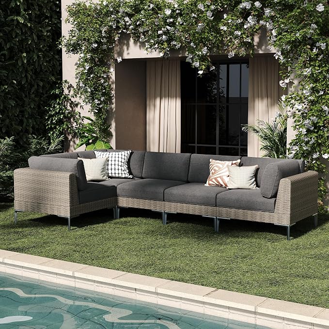 LayinSun 5-Piece Wicker Rattan Patio Furniture Set, Deep Seating Outdoor Modular Sectional Sofa Conversation Set with Thick Cushions for Lawn, Garden
