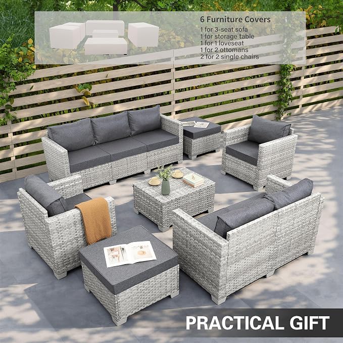WAROOM Patio Furniture Set 7 Piece Grey Wicker Outdoor Conversation Sets PE Rattan Sectional Sofa with Storage Coffee Table and Anti-Slip Grey Cushion