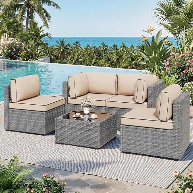 JAMFLY 5-Piece All-Season Wicker Patio Sofa Set with Thick Cushions & Coffee Table, Modular Indoor Outdoor Furniture for Poolside, Garden, Sunroom & Porch, Khaki