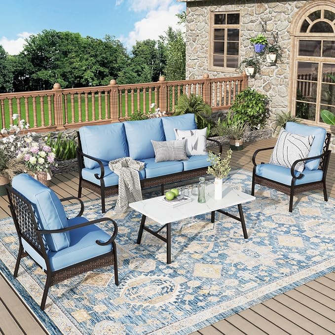 MIXPATIO Patio Furniture Set with Coffee Table, Outdoor Conversation Set with 2 x Fixed Chairs, 1 x 3-Seat Sofa for Lawn Garden Backyard, Blue