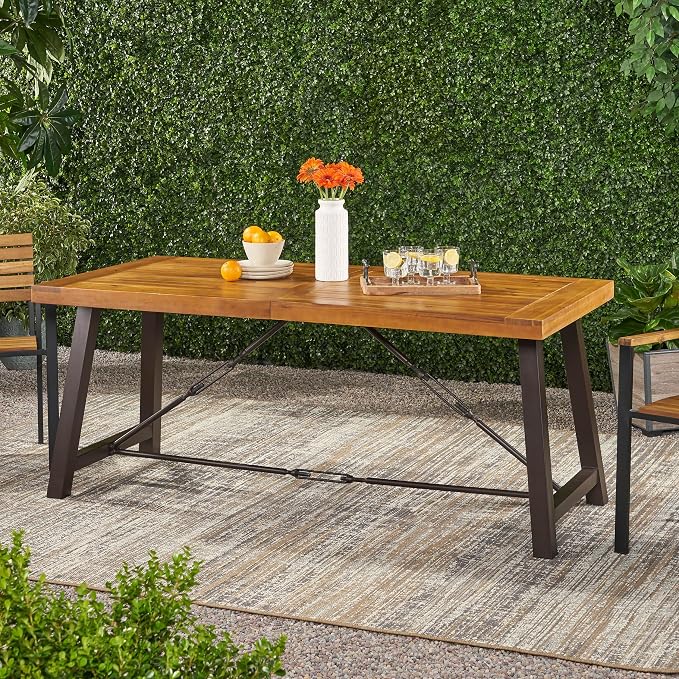 70'' Outdoor Patio Dining Table & 2 Bench for 4, Acacia Wood Farmhouse Dining Table Set Outdoor & Indoor Furniture for Patio Porch Garden, H-Shaped Metal Base, 3-Pcs, Teak