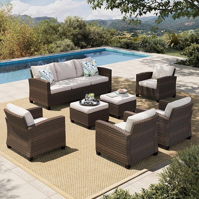 HERA'S HOUSE Wicker Patio Furniture Set, 7 Pieces Outdoor Seating Furniture, Patio Conversation Sofa Sets with Ottomans for Backyard Lawn Deck, Beige
