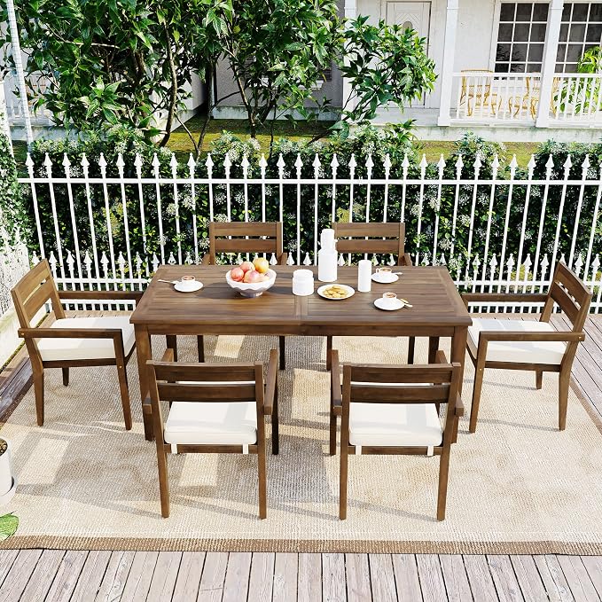 7-Piece Patio Dining Set,Acacia Wood Outdoor Dining Table and 6 Cushioned Chairs, Modern Conversation Furniture for Courtyard,Garden, Balcony,Deck,Poolside (Burly Wood/Acacia2, 7-Piece)