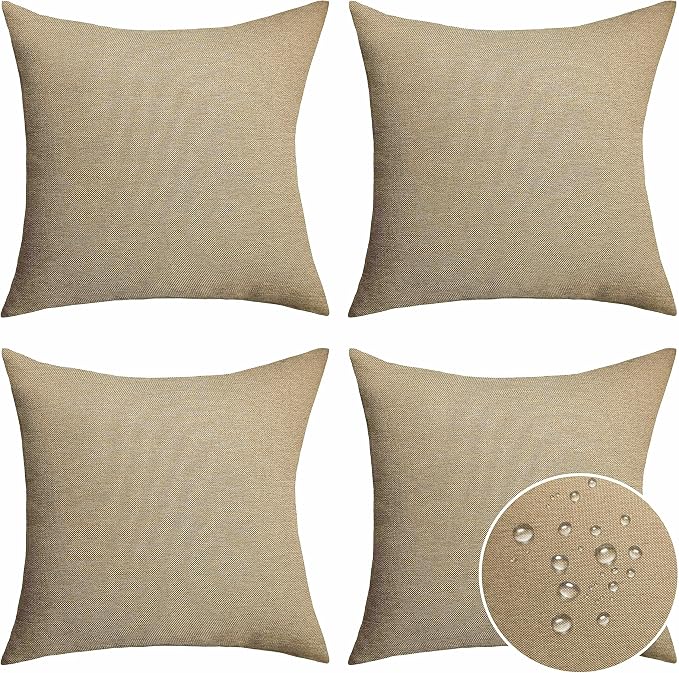 Home Brilliant Patio Pillows Outdoor Waterproof Set of 4 Throw Pillow Covers, 16x16 inch, 40x40 cm, Pack of 4, Linen