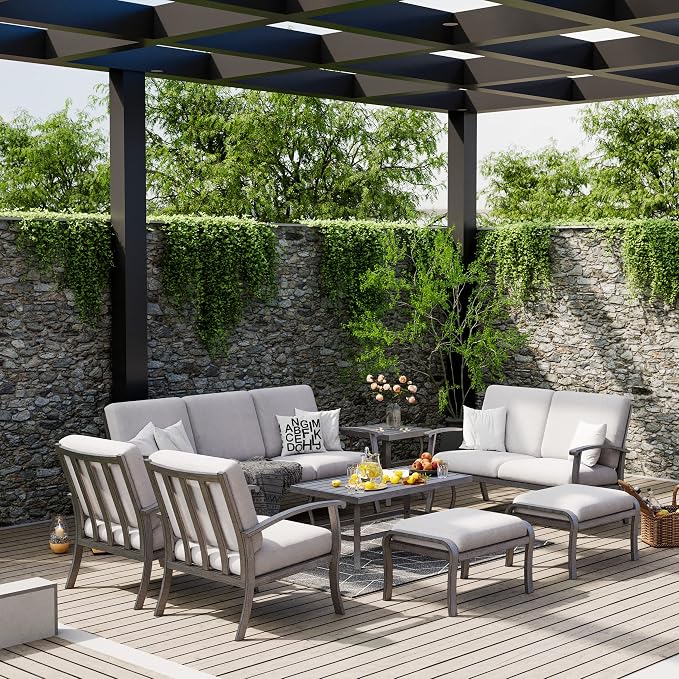 HAPPATIO 8 Piece Aluminum Patio Furniture Set, 3-Seat Outdoor Couch and Loveseat, All-Weather Outdoor Sectional Sofa with Armchairs and Ottomans, Garden Conversation Set with Tables(Gray)
