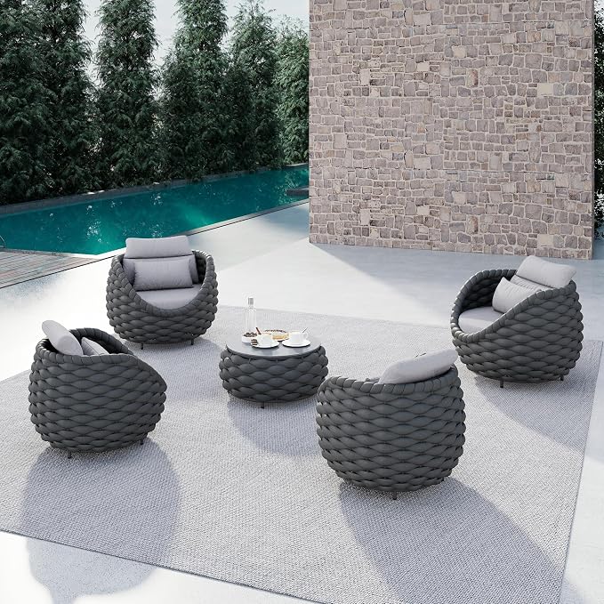 5 Pieces Balcony Seating Set: Aluminum Woven Rope Patio Chair Furniture Set - All Weather Metal Outdoor Conversation Set - Assembled Armchair with Table for Bistro Deck Porch Apartment Hotel