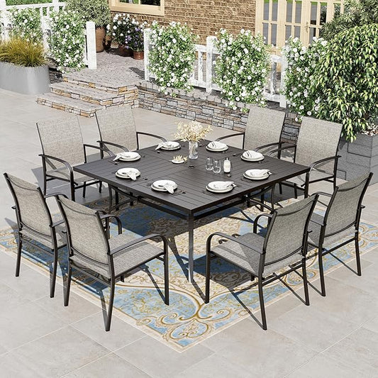 HERA'S HOUSE 9 Pieces Patio Dining Set, Outdoor Table and Chairs Set for 8, 8 x Brown Textilene Dining Chair and 60" Square Metal Dining Table, Outdoor Dining Sets for Lawn Garden Backyard Deck