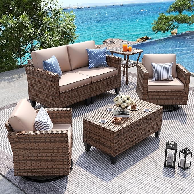 UDPATIO Patio Furniture Set, 5 Pieces Outdoor Furniture Sets with Rocking Swivel Chairs, Wicker Rattan Patio Conversation Set with Storage Table and Waterproof Covers for Backyard Deck Porch, Khaki