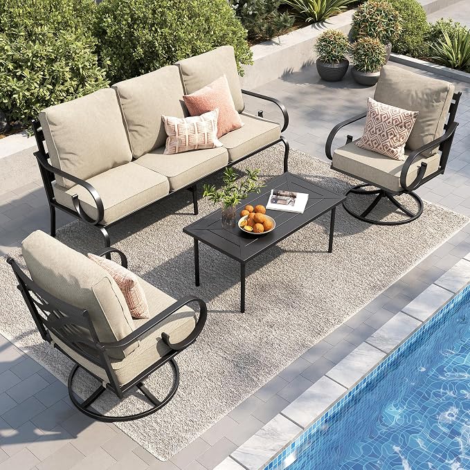 PHI VILLA Patio Furniture Set, 3-Seater Sofa, 2 Swivel Chairs and a Coffee Table, Outdoor Metal Conversation Set with 5.75" Extra Thick Cushion for Garden Backyard Deck, Beige