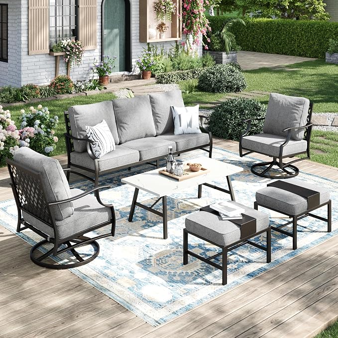MIXPATIO Patio Furniture Set 6 pcs, Outdoor Patio Furniture, 3-Seat Sofa, 2 Swivel Chairs, 2 Ottomans, Coffee Table and 5.75" Extra Thick Cushion, Patio Conversation Set for Garden Backyard Deck,Grey