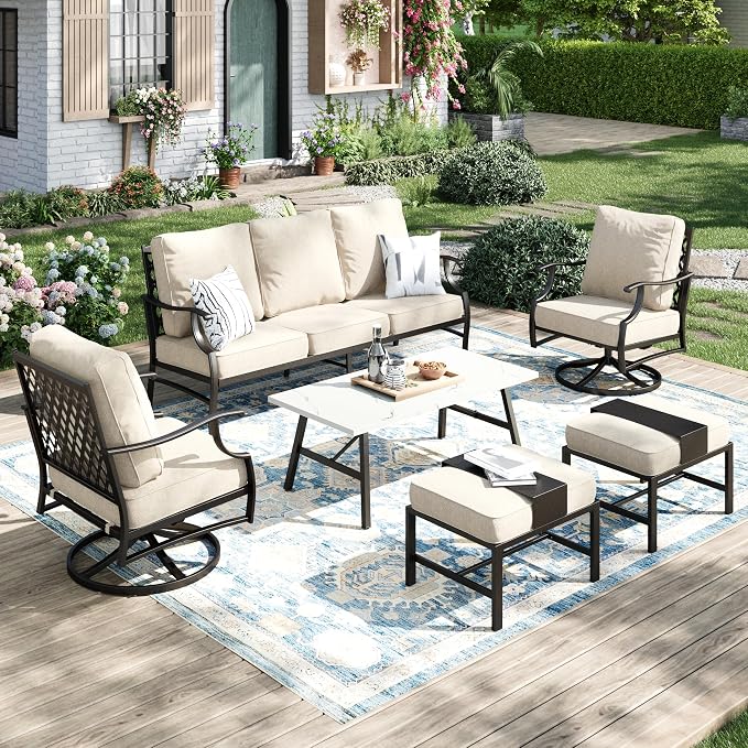MIXPATIO Patio Furniture Set 6 pcs, Outdoor Patio Furniture, 3-Seat Sofa, 2 Swivel Chairs, 2 Ottomans, Coffee Table and 5.75" Extra Thick Cushion, Patio Conversation Set,Beige