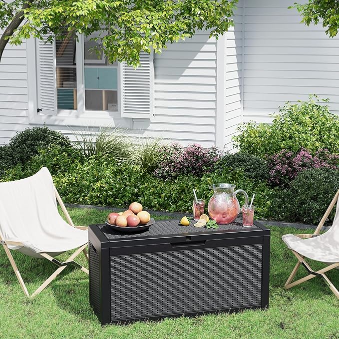 Outdoor Storage Box, 60 Gallon Resin Deck Boxes Outdoor Waterproof For Patio Furniture, Garden Tools, Pool Supplies, Lockable And UV Resistant (Rattan Black)