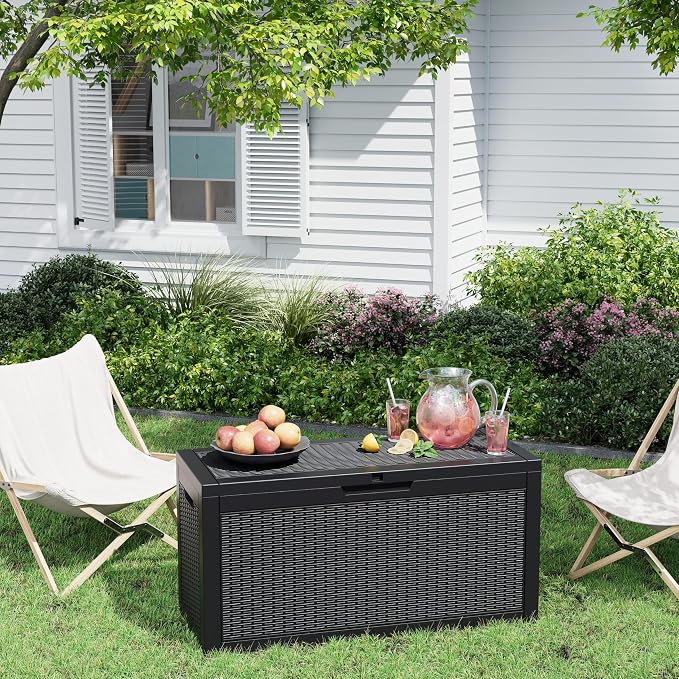 Outdoor Storage Box, 72 Gallon Resin Deck Boxes Outdoor Waterproof For Patio Furniture, Garden Tools, Pool Supplies, Lockable And UV Resistant (Rattan Black)