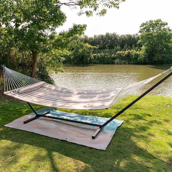 Lazy Daze 12 FT Quilted Double Hammock with Spreader Bar, 2-Person, Outdoor Hammock for Patio, Poolside, Backyard, Beach, 450 lbs Capacity, Beige White