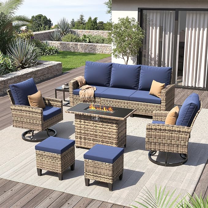 UDPATIO Patio Furniture Set with Fire Pit Table, 7 Pieces Outdoor Conversation Sets with Swivel Chairs and Ottomans, All-Weather Rattan Wicker Patio Sofa Couch for Backyard, Deck, Porch, Navy/Yellow