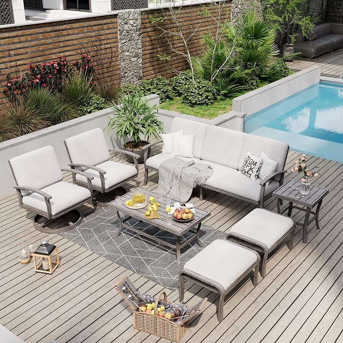 HAPPATIO 7 Piece Aluminum Patio Furniture Set, 3-Seat Outdoor Ottoman and Swivel Armchair, Outdoor Sectional Sofa with Side Table and Coffee Table, Garden Conversation Set for Lawn(Gray)