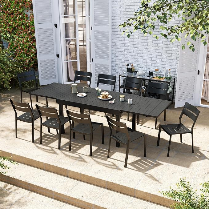Pellebant 11-Piece Aluminum Outdoor Dining Set for 10, Stackable Contoured Seat Chairs with 17.3" Depth, Expandable Patio Table – Weather-Resistant Furniture for Deck, Porch & Backyard