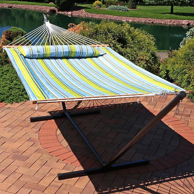 Sunnydaze Quilted Double Hammock with Stand for Outside - 350-Pound Capacity 2-Person Hammock with Stand - 12-Foot Stand - Blue and Green