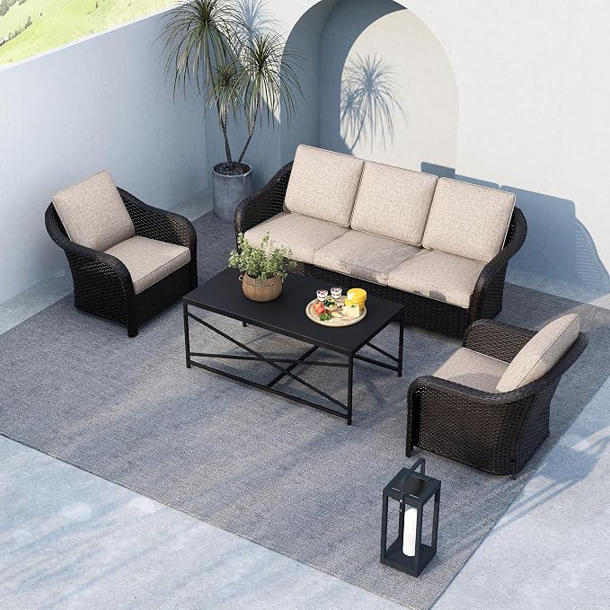 4 Pieces Patio Outdoor Conversation Furniture Set, 78" 3-Seat Couch, 2 Chairs, 47" Metal Coffee Table, Rattan Wicker Sofa with Washable Cushions for Garden, Deck (Beige)