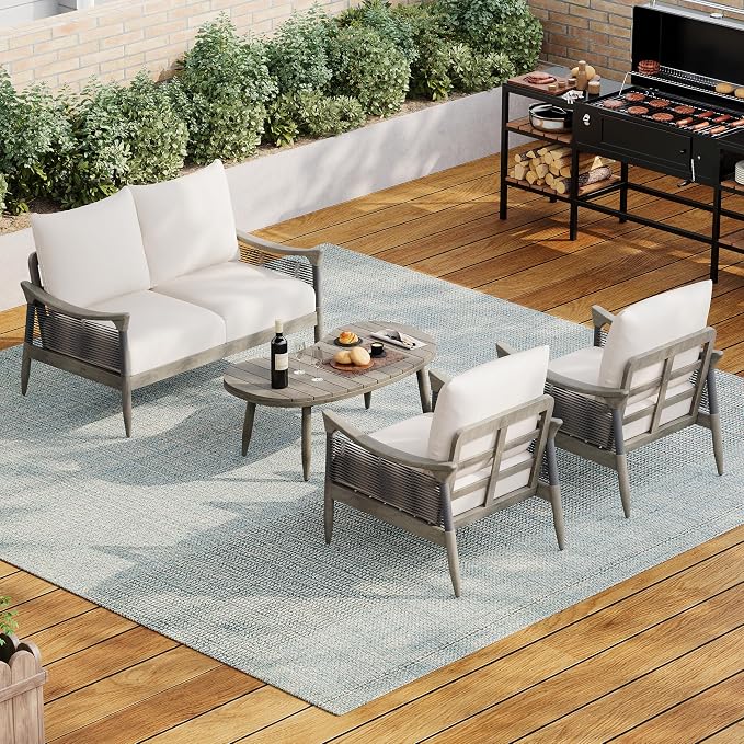 Christopher Knight Home Havets 4 Piece Patio Conversation Sets, Outdoor Acacia Wood Patio Seating Group,Woven Rope Loveseat Chairs with Cushions and Coffee Table for Porch Backyard Balcony, Gray+Beige