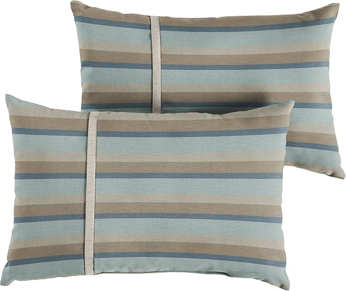 Mozaic AMPS113669 Indoor Outdoor Sunbrella Lumbar Pillows, Set of 2 12 x 18 Mist Blue/Grey Stripes & Silver Grey