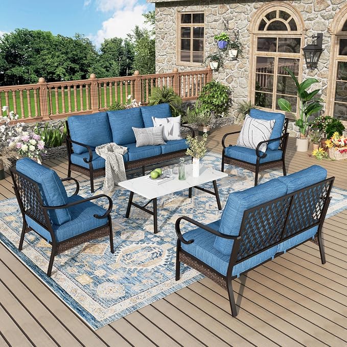 MIXPATIO Patio Furniture Set with Coffee Table, Outdoor Conversation Set with 2 x Fixed Chairs, 1 x 2-Seat Sofa, 1 x 3-Seat Sofa for Lawn Garden Backyard, Pacific Blue