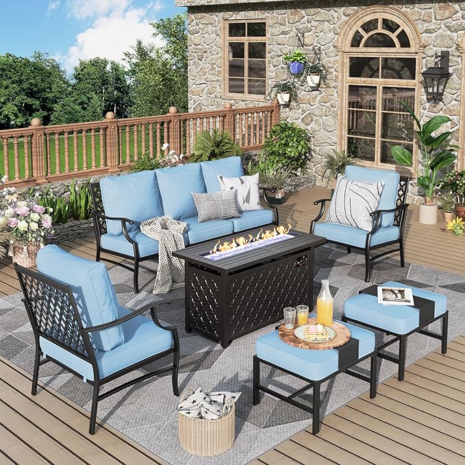 MIXPATIO Patio Furniture Set, 6 Pcs Metal Outdoor Conversation Set, 2 Single Chairs, 2 Ottomans and 3 Seater Sofa with 5.75" Extra Thick Cushion and Gas Fire Pit Table, Blue