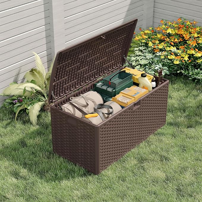 Garvee 73 Gallon Waterproof Large Resin Deck Box Indoor Outdoor, Lockable Storage Container for Patio Furniture Tools, Waterproof Deck Box Patio Storage Bin for Pool Garden, Brown