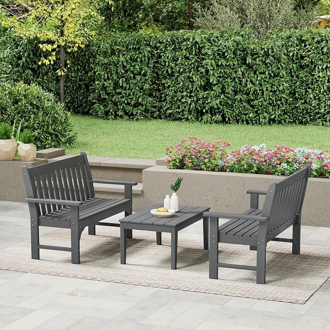 WestinTrends Malibu 3-Piece HDPE Outdoor Patio Furniture Couch and Coffee Table Set, Gray
