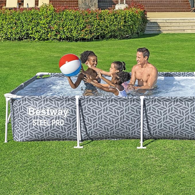 Bestway Steel Pro 12' x 6' 7" x 26" Rectangle Above Ground Outdoor Swimming Pool Set with DuraPlus Liner and FrameLink System, Gray