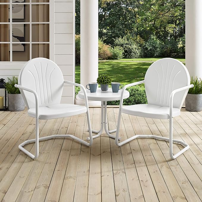 Crosley Furniture Griffith 3-Piece Outdoor Chair and Side Table Set, Retro Metal Bistro Patio Sets for Porch, White